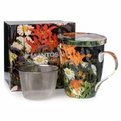 Pippins Tea Company Inc. Mug; Tea Mug With Infuser And Lid, Thomson Marguerites Wood Lilies By McIntosh