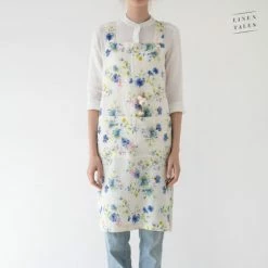 Pippins Tea Company Inc. General Store Apron, Linen Crossback, White With Cornflowers