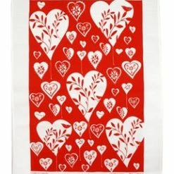 Raingoose General Store Tea Towel, Rain Goose, Linen, White Hearts On Red